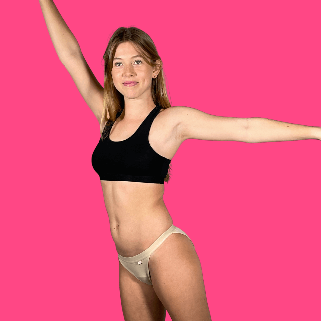 Knicked DIVA PRO Beige coloured bikini cut - concealed seams and extra leakproof protection inside & out.. Invisible under dance costumes