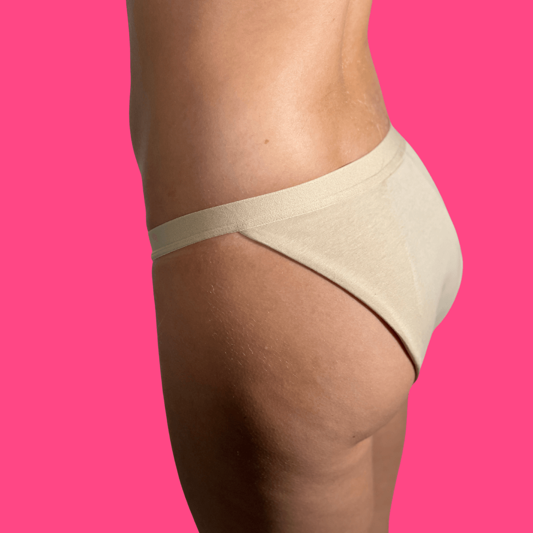 Knicked DIVA PRO Beige coloured bikini cut - concealed seams and extra leakproof protection inside & out.. Invisible under dance costumes