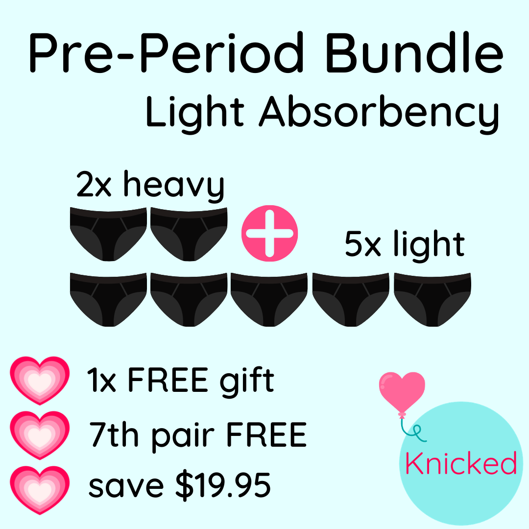 Pre-period bundle. 5x light flow, 2x heavy flow, 1x pair is free, 1x free gift.