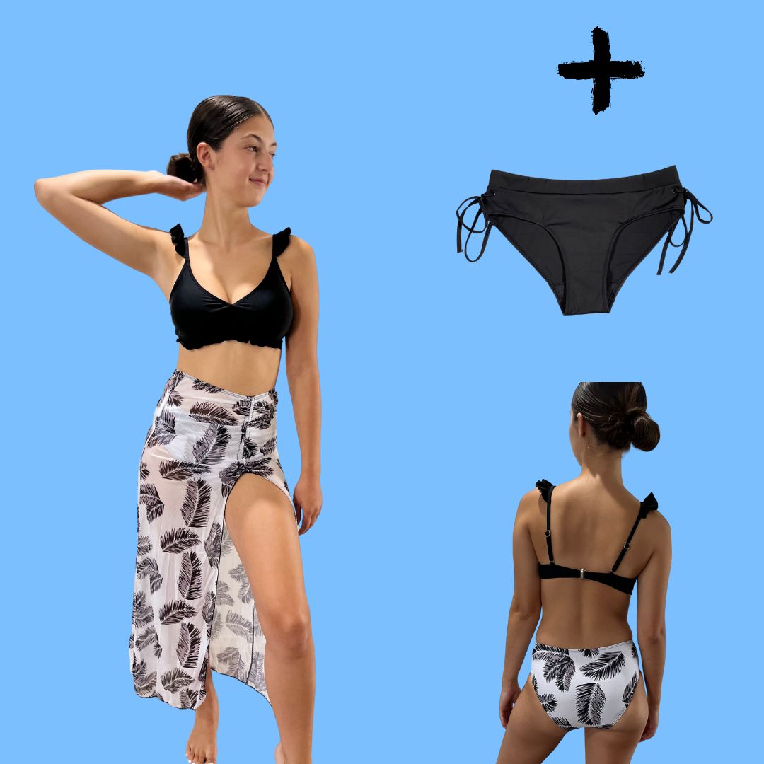 BF/CM Sale : 4 piece Black/White Set with feather print and frill detailing