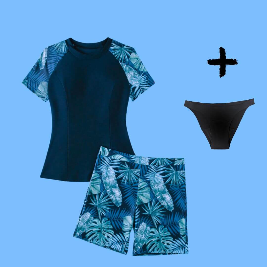 BF/CM Special: One pair of black BFFs together with Tropical leaves longer length swim shorts & rashie set