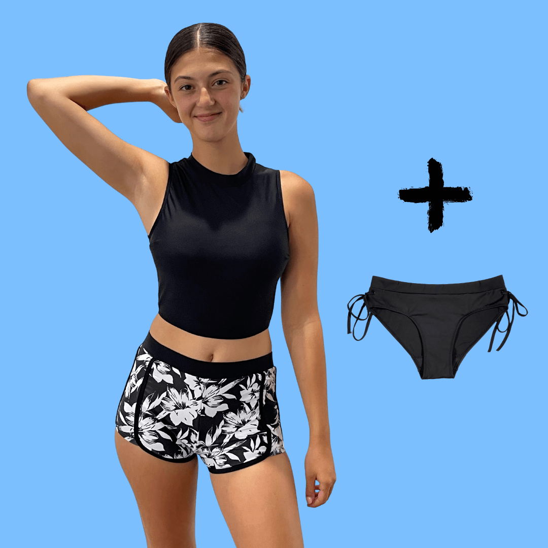 3-piece Period Swim Set and black and white with floral shorts