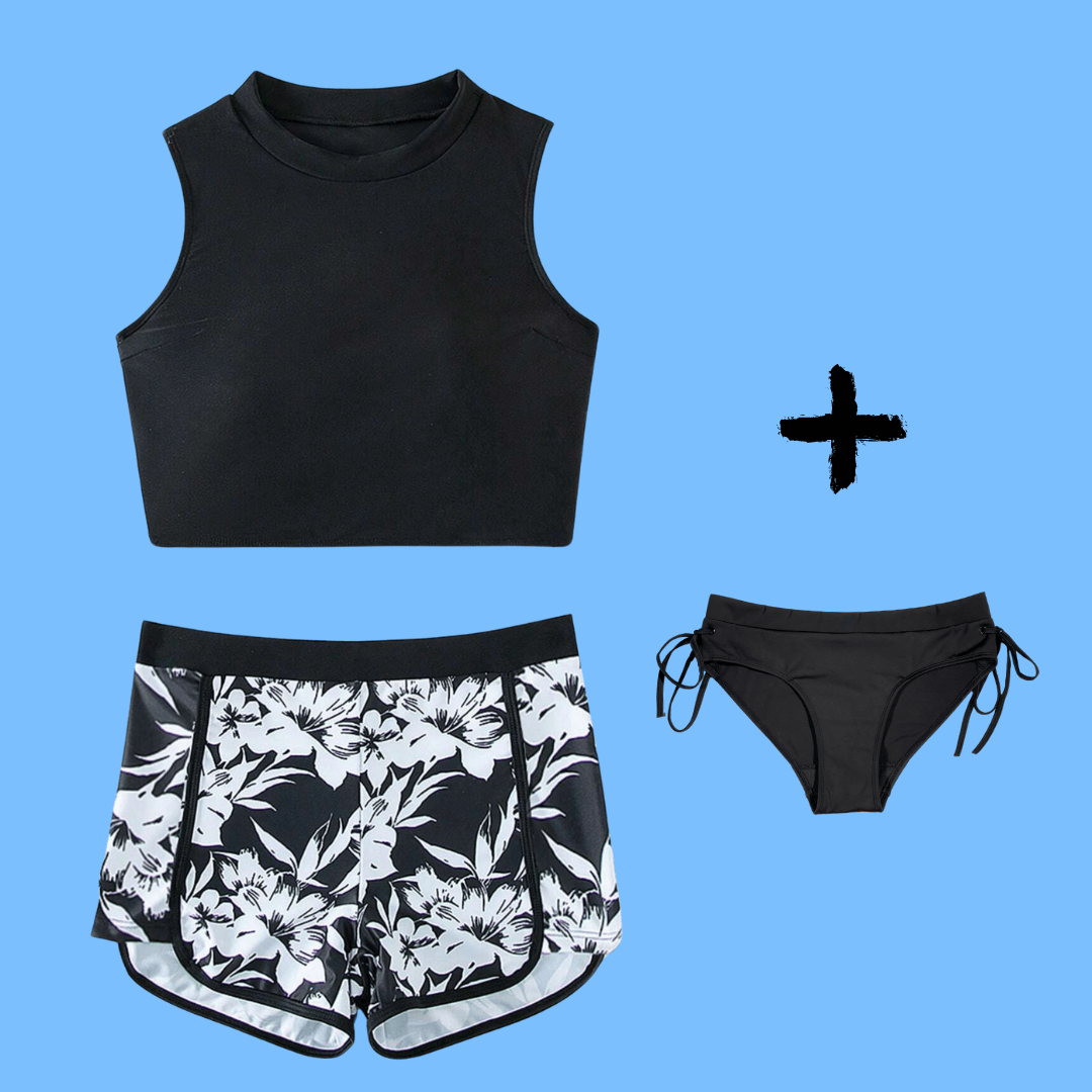 3-piece Period Swim Set and black and white with floral shorts