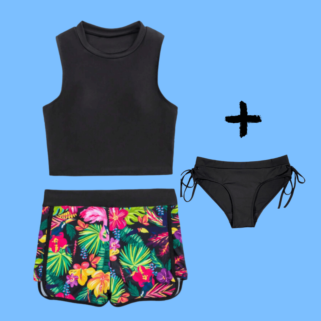 stunning and bright 3-piece Period Tropical Shorts Swim Set