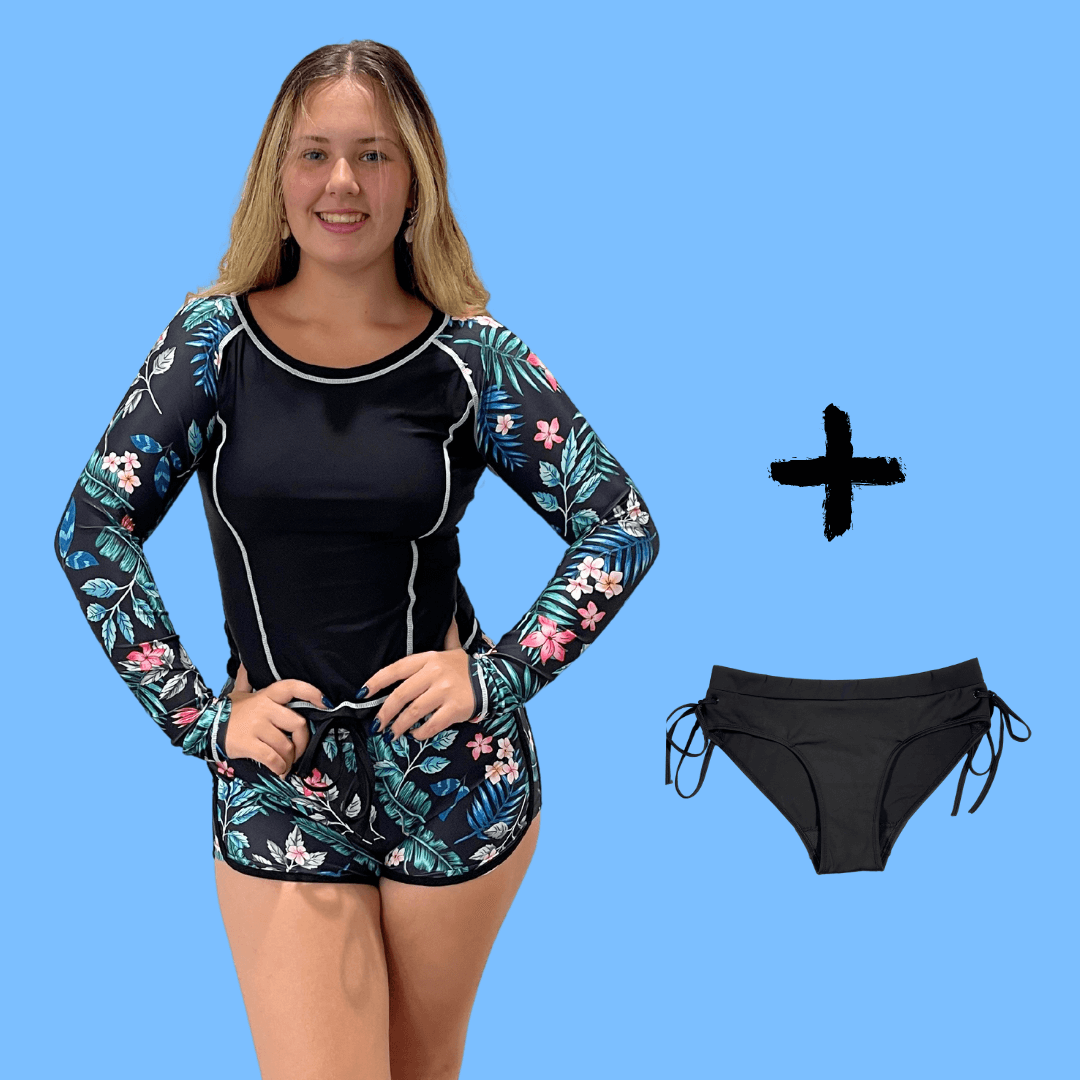 Girls Period Swimwear 3 piece Flowers Long Sleeve Rashie Short Set Knicked Swim Tweens Teens Knicked Australia