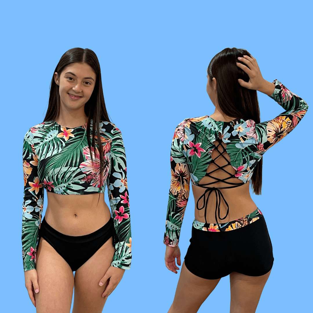 Teen Period Swimwear 3 piece Hibiscus Crop Lace Up Top Shorts Set