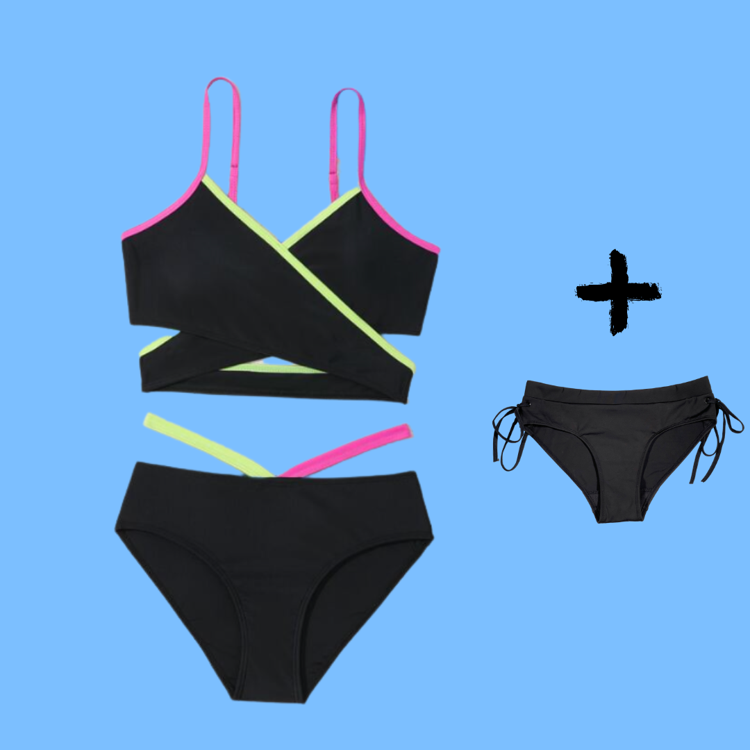 Teen Period Swimwear 3 Piece Neon Set perfect for the beach, pool and lazing by a beautiful river or creek