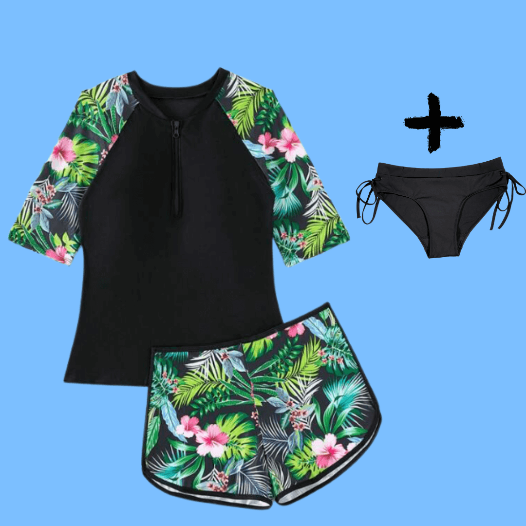 gorgeous 3-piece Rainforest Rashie/shorts set with one pair black heavy absorbency swim bottoms