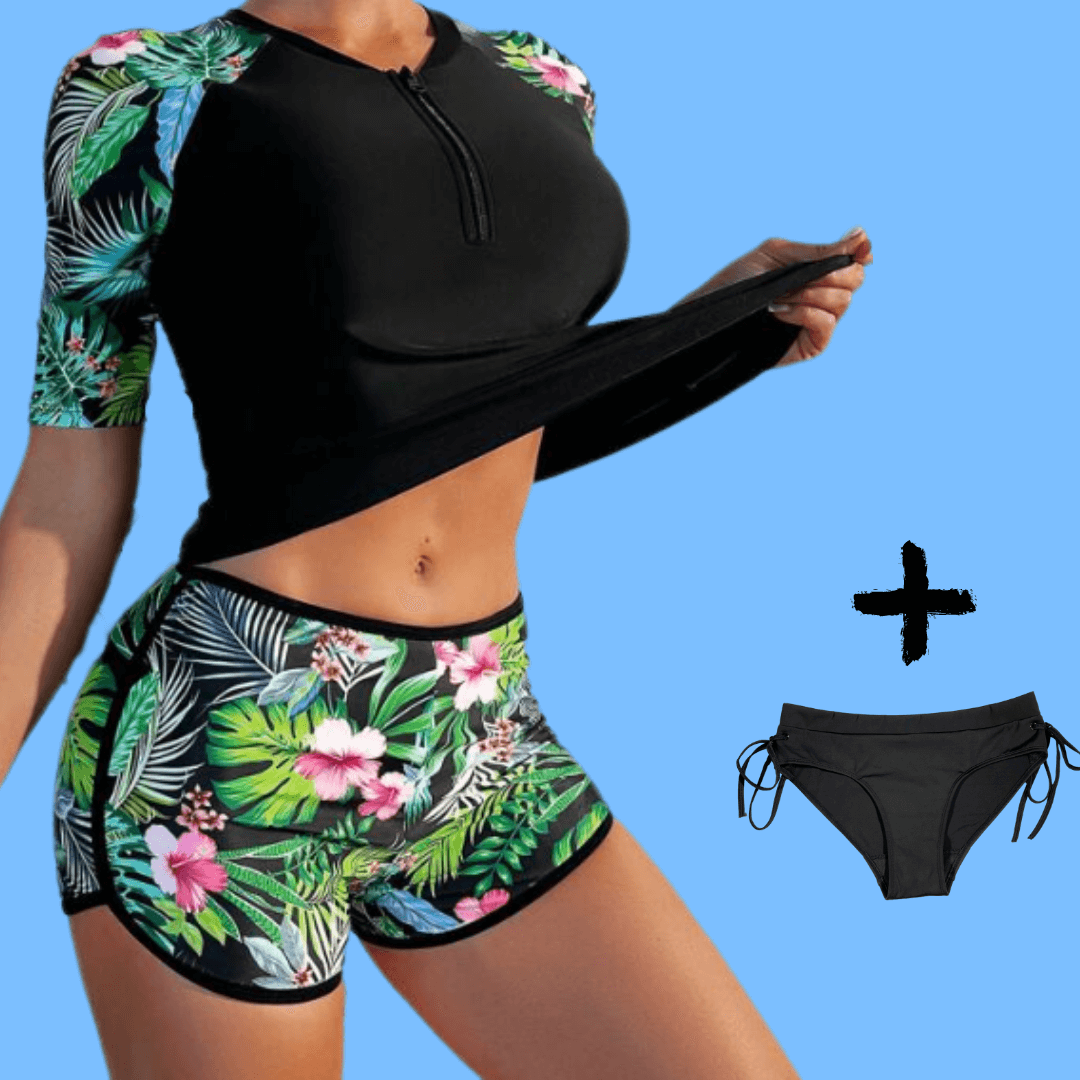 gorgeous 3-piece Rainforest Rashie/shorts set with one pair black heavy absorbency swim bottoms