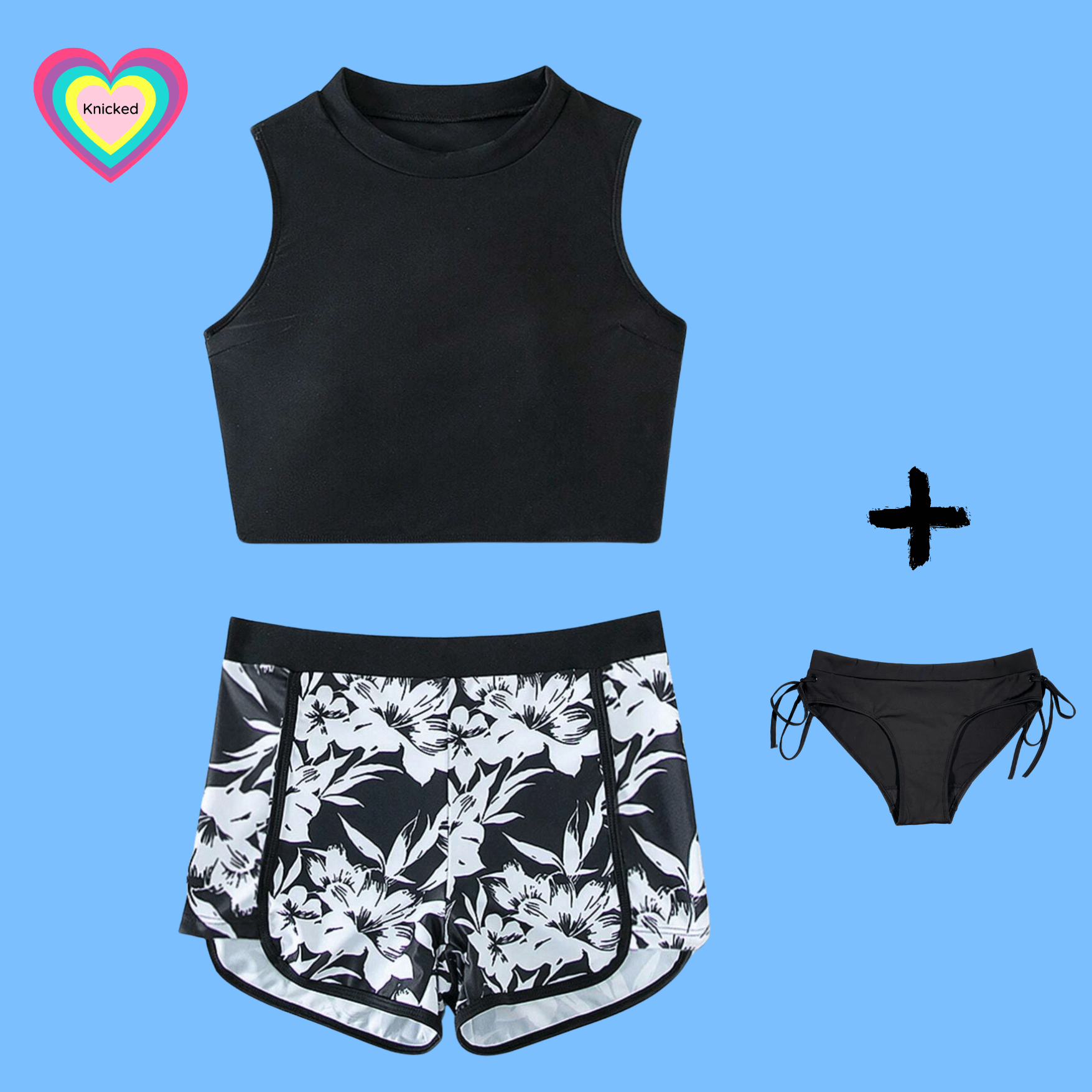 Girls Period Swimwear 3-piece Black/White Floral Short Set, Knicked Swim