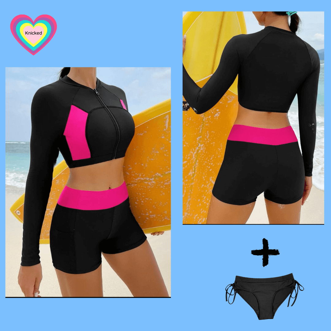 Girls Period Swimwear 3-piece Black and Pink Splice Long Sleeve