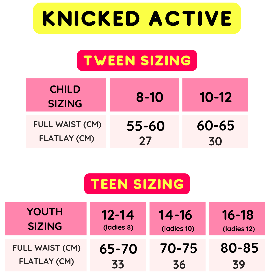 Knicked ACTIVE sizing chart